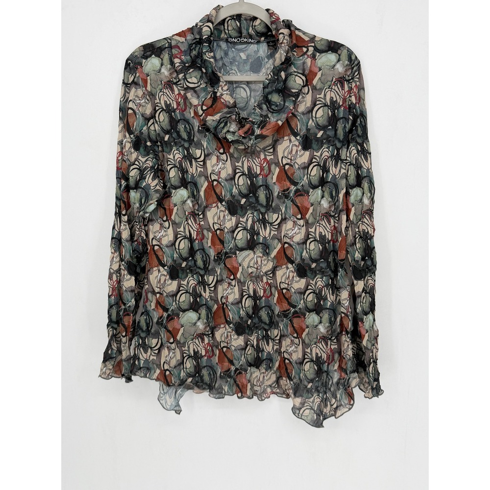 Snoskins Cowl Neck Top Womens Large Multicolor Abstract Mesh Long Sleeve USA